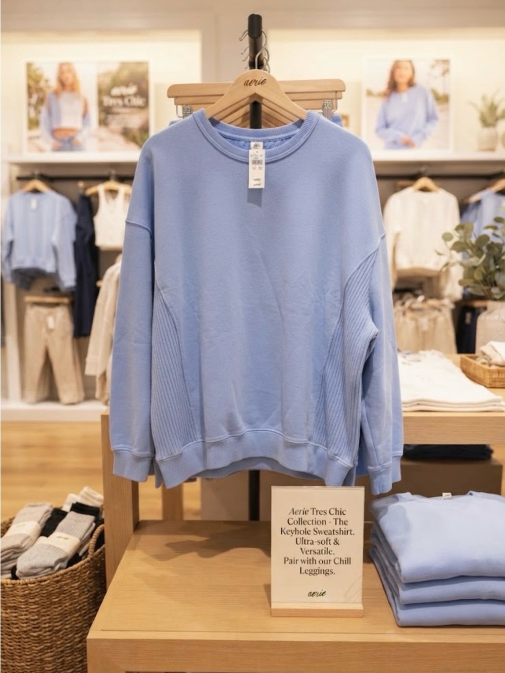 aerie NWT Tres Chic Keyhole Pastel Blue Crewneck Sweatshirt